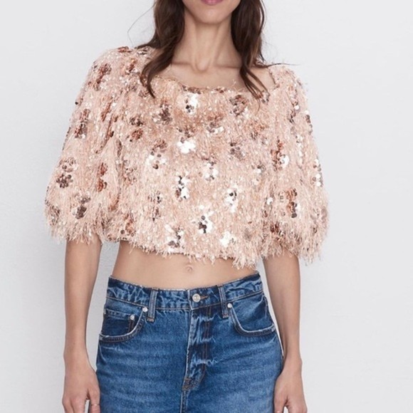 Zara Tops - ZARA NWT BLOGGER FAV SEQUIN FRINGE ROSE GOLD CROP TOP TAYLOR SWIFT CONCERT XL